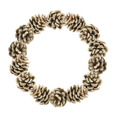 Obraz premium Pine Cone Wreath. Watercolor hand painted isolated floral illustrations for Christmas design, winter or autumn decor