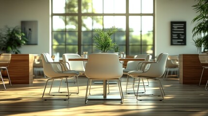 Modern dining area with plants and natural light.