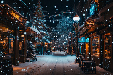 A snowy city street at night, with a Christmas tree and decorations, illuminated by street lights and storefronts