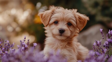 Cute small puppy relaxing among lavender plants with a serene expression, warmed by natural daylight  the purple blooms