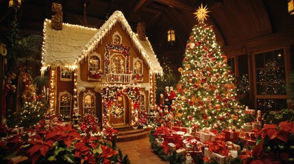 Fototapeta premium Sweet Gingerbread House with Shimmering Christmas Tree