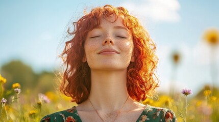 Young redhead woman in wildflower field, eyes closed, smiling contently; warm sunlight, softly blurred .
