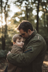Fototapeta premium Father holding his child in a peaceful forest setting, depicting warmth, love, and protection. A moment of bonding surrounded by nature’s serenity and soft sunlight filtering through trees.