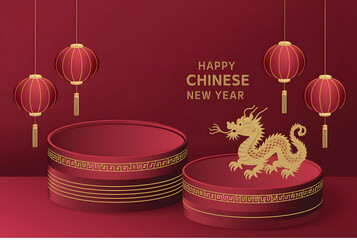 Naklejka premium Red Podium Adorned with Lanterns and Gold Ornaments 