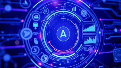 Obraz premium Abstract blue background with glowing HUD elements. Artificial intelligence concept. 3D Rendering