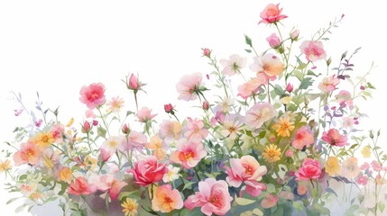 Vibrant watercolor composition of a rose garden with lush pink flowers and green foliage, isolated on white background for postcards, banners