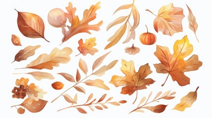 Watercolor illustration of soft autumn leaves in warm orange and brown shades, isolated composition on white background for postcards, banners