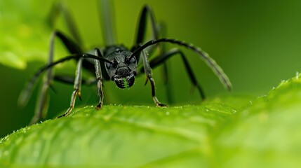 Fototapeta premium Closeup of a Black Ant on a Green Leaf