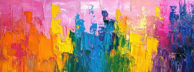 Fototapeta premium oil acrylic brushstrokes, pallet knife paint, canvas wallpaper, and abstract rough vivid multicolored rainbow bright colors art painting texture background banner long panoramic