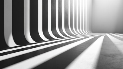 Abstract Black and White Striped Wall with Curved Lines and Shadows