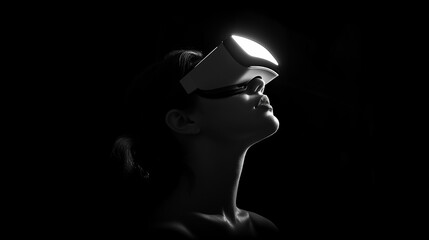 Silhouette of a woman wearing VR goggles in a dark setting, exploring a virtual reality experience. The minimalistic background emphasizes the futuristic concept.