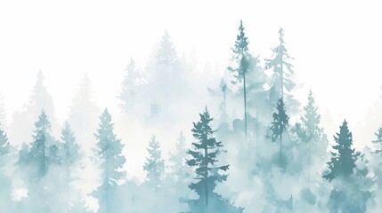 Obraz premium Watercolor forest landscape with soft green and blue tones and dense trees in a misty atmosphere, minimalistic isolated composition on white background for postcards, banners