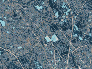 Painterly Style City Map of Ageoshimo, Japan in a Blue Color Scheme.