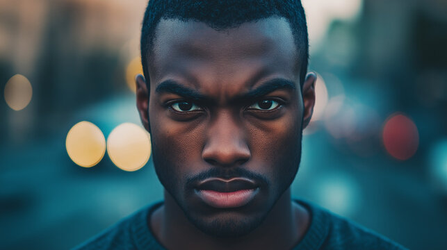 Portrait of a young man with a serious expression, looking confidently at the camera. Moody background with a slight bokeh effect adds depth to his intense gaze.