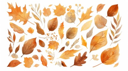Watercolor illustration of soft autumn leaves in warm orange and brown shades, isolated composition on white background for postcards, banners