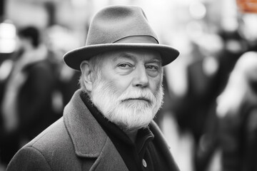 Black and white portrait of an elderly man with a beard, wearing a hat and coat, exuding wisdom and character in a bustling urban environment.
