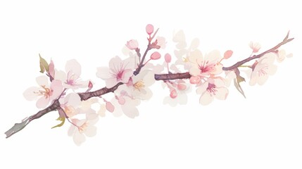 Artistic watercolor of a small branch with spring buds and soft pink blossoms isolated on white background for postcards banners high resolution sharp focus and quality