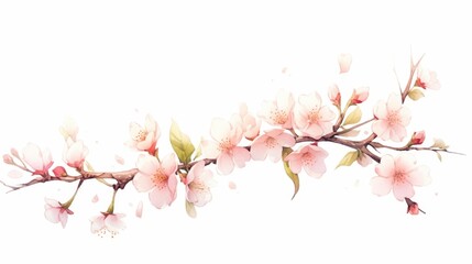 Detailed watercolor illustration of a blooming cherry tree branch with soft pink blossoms isolated illustration on white background 
