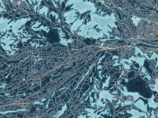 Painterly Style City Map of Annaka, Japan in a Blue Color Scheme.