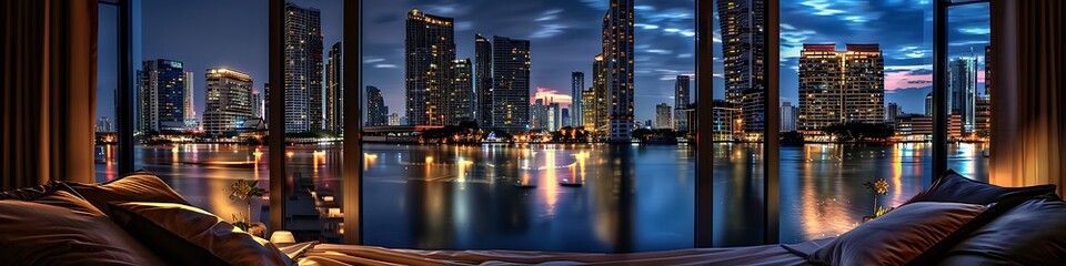 Obraz premium Bedroom at night, open window, modern Bangkok skyline, illuminated skyscrapers, reflections on water, cozy bed in view.