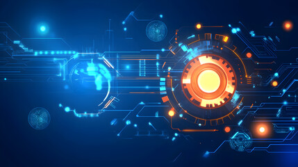 Fototapeta premium Abstract digital background with glowing circuits and a gear.