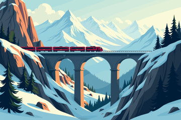 Fototapeta premium Red Train Crossing Bridge in Majestic Snowy Mountain Landscape