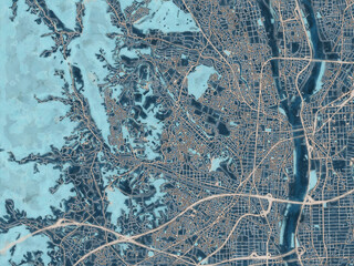 Painterly Style City Map of Atsugi, Japan in a Blue Color Scheme.