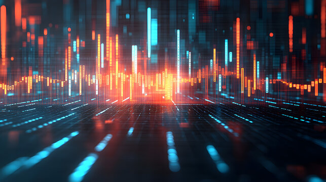 Abstract digital background with glowing lines and data in blue and orange.