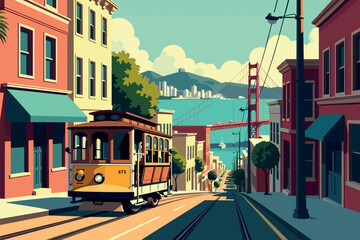San Francisco Cable Car with Golden Gate Bridge in Background