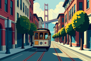 Fototapeta premium San Francisco Cable Car with Golden Gate Bridge in Background