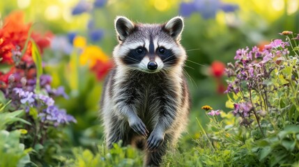Fototapeta premium Raccoon exploring a garden with blooming flowers, looking inquisitively with soft daylight illuminating his fur