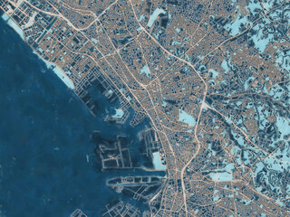 Painterly Style City Map of Chiba, Japan in a Blue Color Scheme.