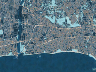 Painterly Style City Map of Chigasaki, Japan in a Blue Color Scheme.