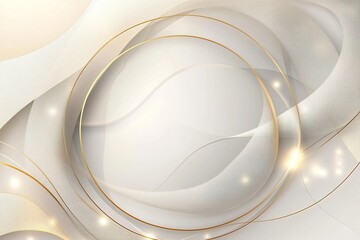 Abstract white and gold background with flowing lines and circular frame.