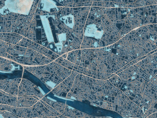 Painterly Style City Map of Chofu, Japan in a Blue Color Scheme.