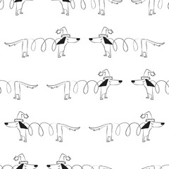 A seamless pattern with doodle dachshund dogs wearing Christmas hats. Hand drawn New Year print.