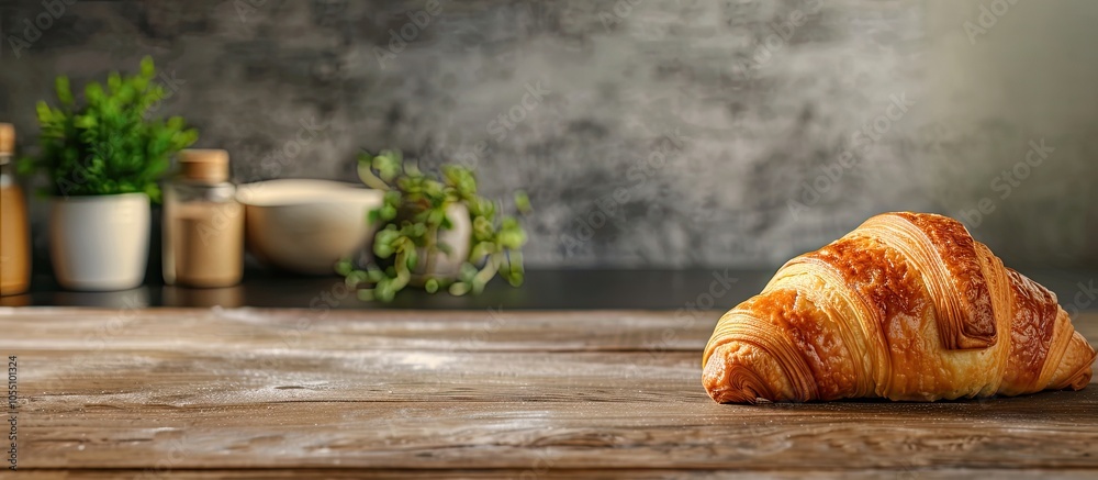 Sticker Freshly baked croissant on a rustic table with delicious meal and copy space image in the background