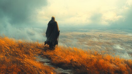 Fototapeta premium A cloaked figure walks through a golden field under a cloudy sky.