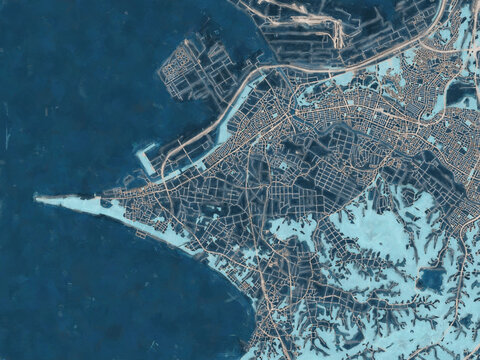 Painterly Style City Map of Futtsu, Japan in a Blue Color Scheme.