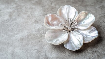 Gray mother-of-pearl flower brooch on a light gray concrete background. Elegant jewelry for women.