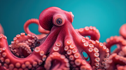 Obraz premium Red octopus meat on a white plate, a gourmet seafood dish