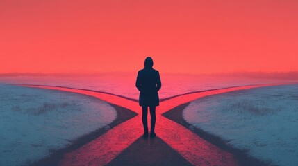 Dramatic silhouetted figure standing at the intersection of two illuminated paths each path representing creative potential and the choice of direction for the future