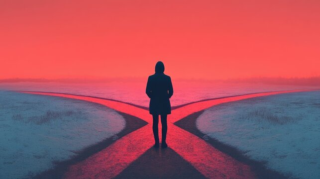 Dramatic silhouetted figure standing at the intersection of two illuminated paths each path representing creative potential and the choice of direction for the future