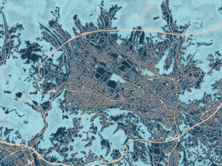 Painterly Style City Map of Hadano, Japan in a Blue Color Scheme.