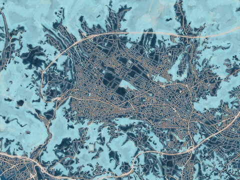 Painterly Style City Map of Hadano, Japan in a Blue Color Scheme.