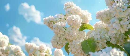 Blooming white Viburnum opulus Roseum in front of a blue sky commonly known as Snowball Bush or European Snowball is a large shrub with a nature themed copy space image
