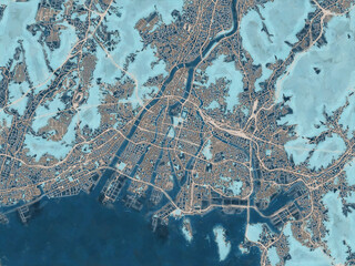 Painterly Style City Map of Hiroshima, Japan in a Blue Color Scheme.