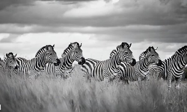 A group of zebras standing in tall grass.