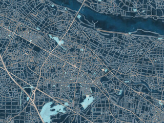 Painterly Style City Map of Honjo, Japan in a Blue Color Scheme.