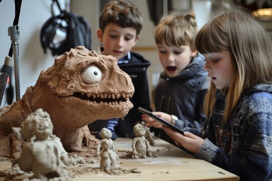 Group of children creating a stop-motion animation with clay figures